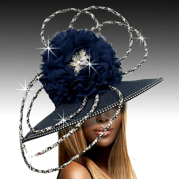 Beloved Millinery Couture Collection Accessories - Couture Avant Garde Sculpted Navy Women's Jeweled Hat Handcrafted Masterpiece